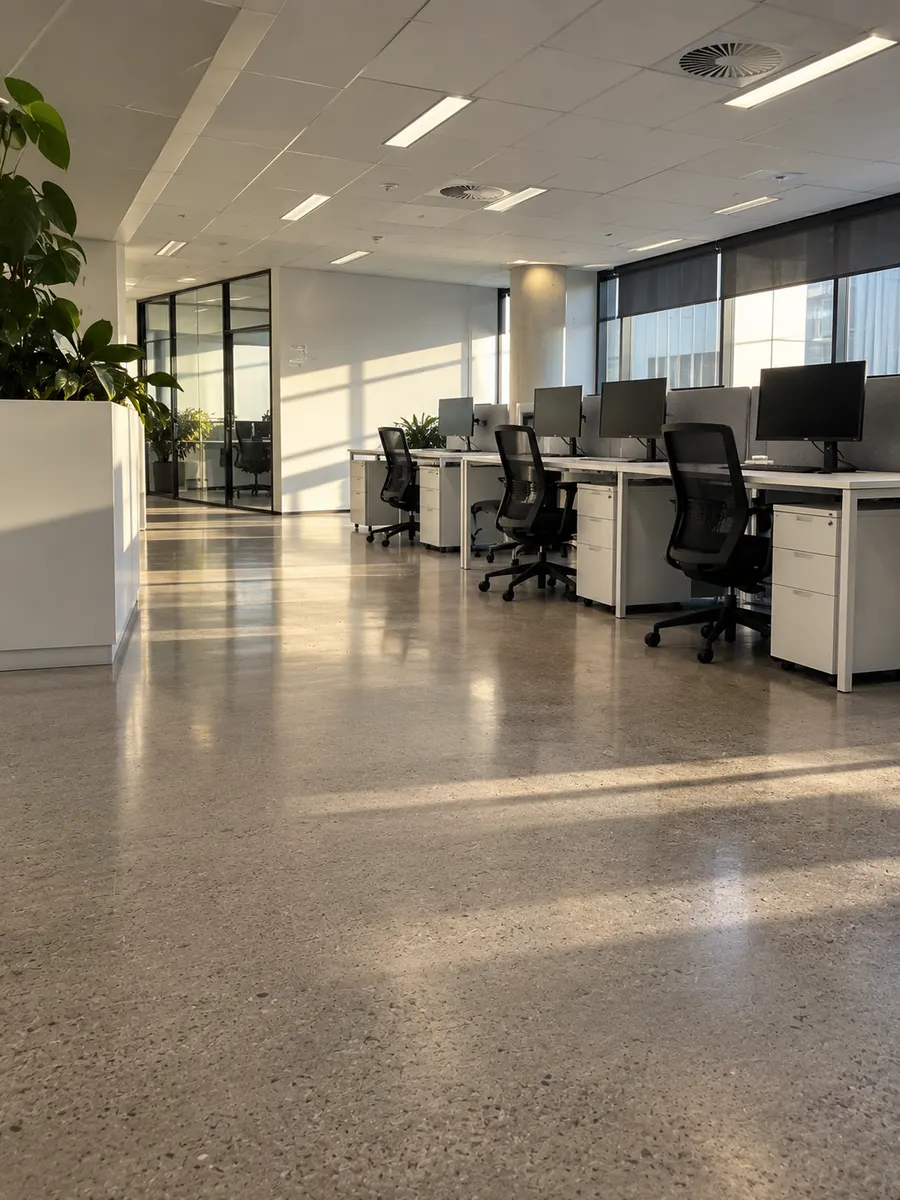 Clean, empty open-plan office with a polished concrete floor