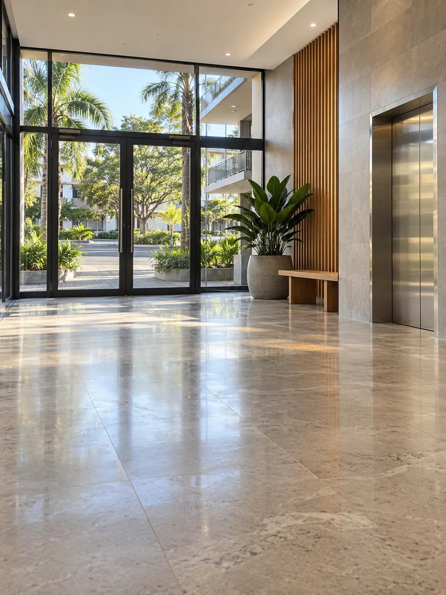 Clean apartment lobby with a polished stone floor