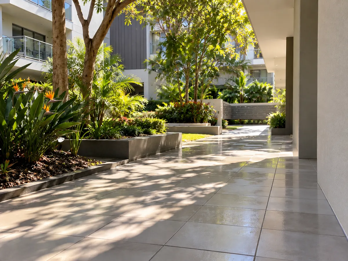 Freshly washed tiled walkway in an apartment courtyard