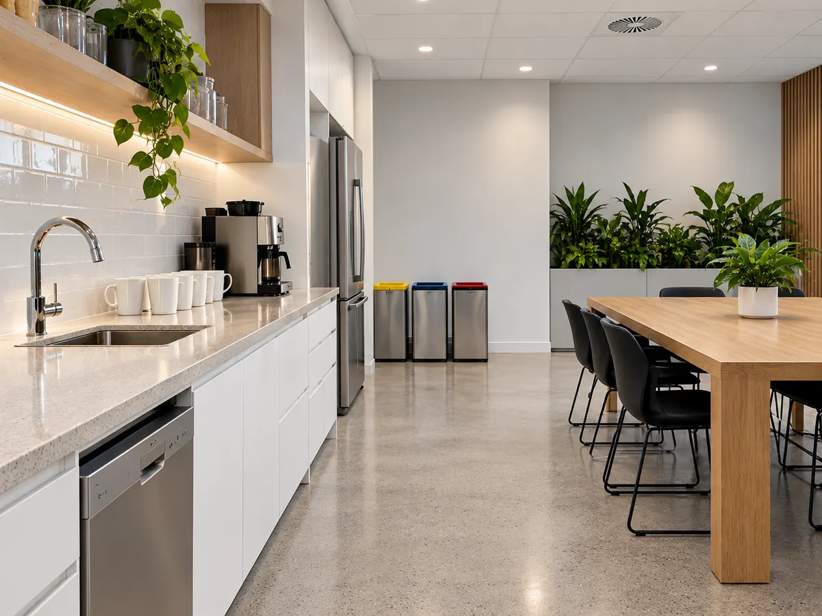 Clean office kitchen and breakout area