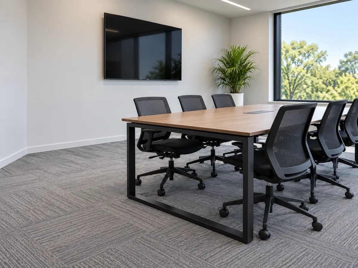 Freshly cleaned carpet tiles in a meeting room