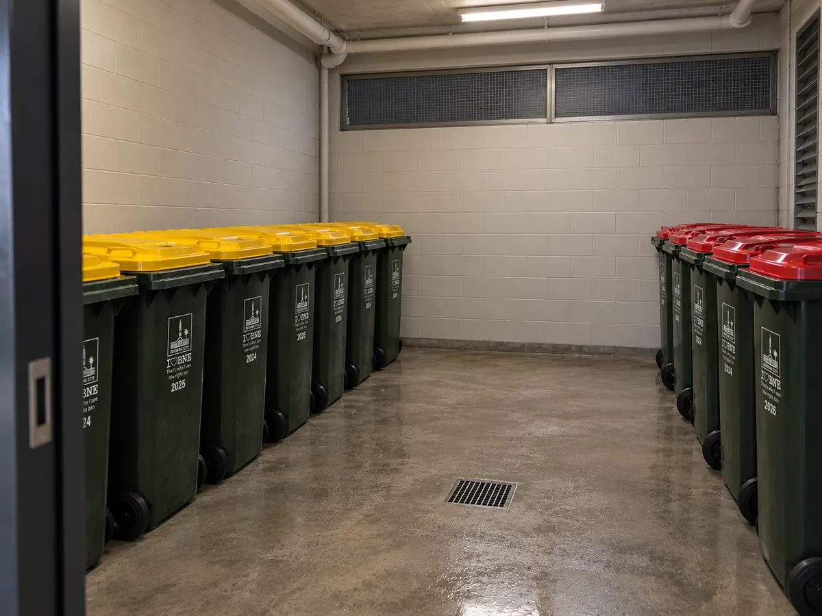 Clean bin room with wheelie bins lined up